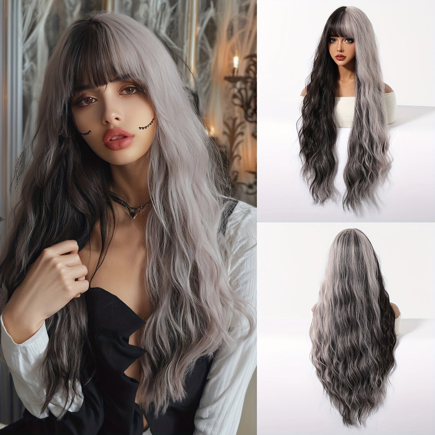 30" Long Curly Gray Ombre Wig with Bangs - Soft, Heat Resistant Synthetic Hair for Women, Perfect for Daily Wear, Parties, Halloween & Cosplay