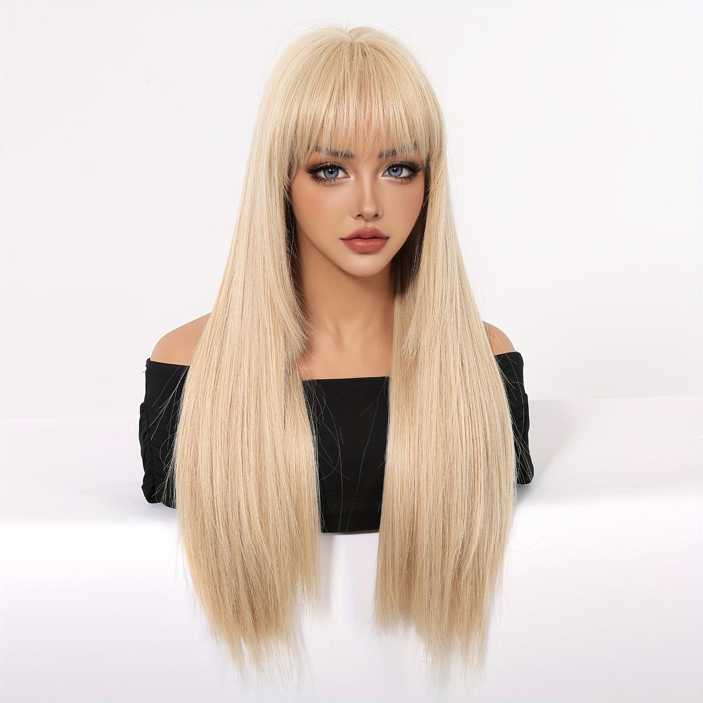 Chic 26" Light Golden Princess Cut Wig with Bangs - Soft Synthetic, Heat Resistant for Daily Wear, Parties, Halloween & Cosplay