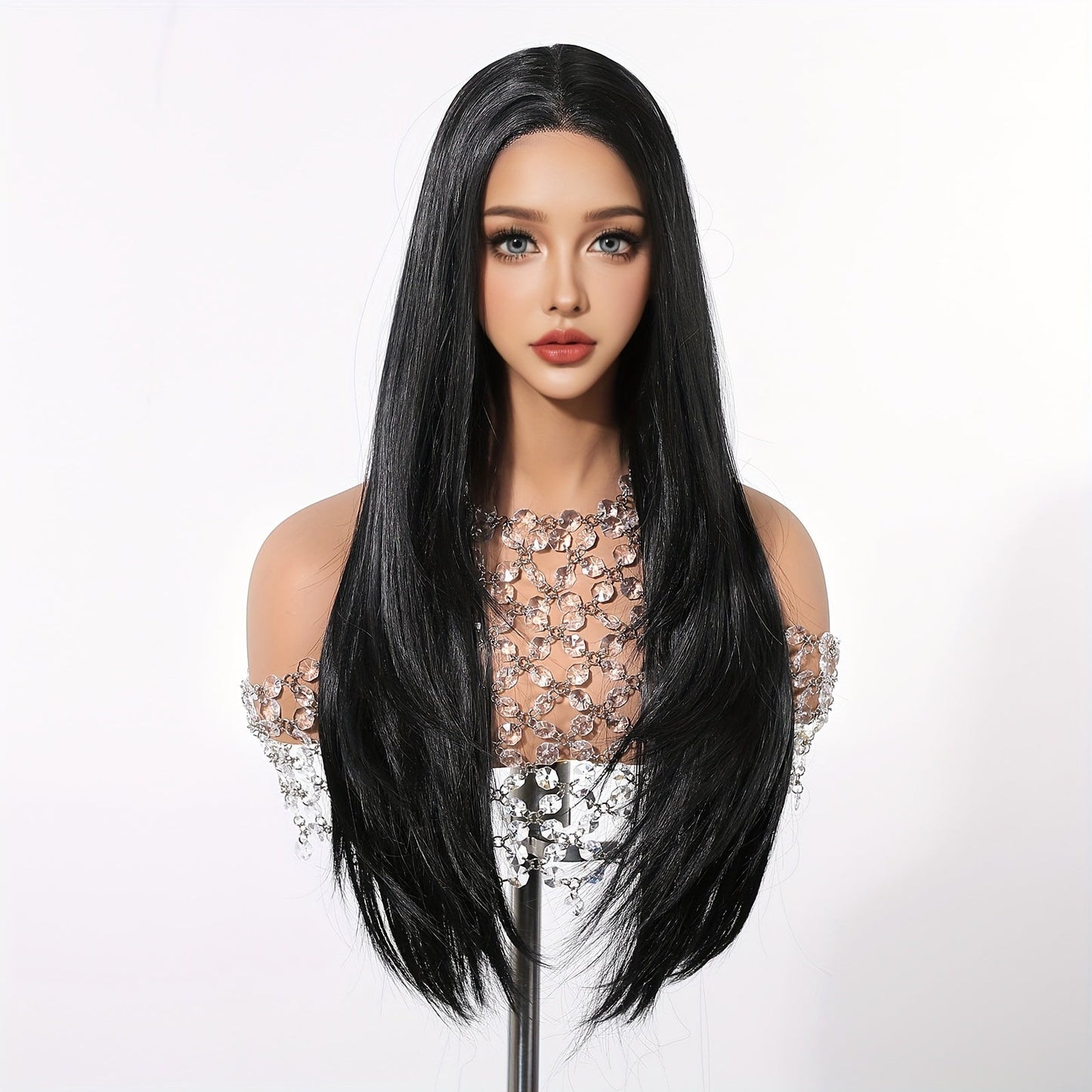 Women's Basic Style 26-Inch Black Lace Front Wig, Straight Layered Heat-Resistant Fiber, 150% Density, 13*5*1 Inch Lace, Versatile Synthetic Wig for Daily Wear, Parties, Cosplay Events