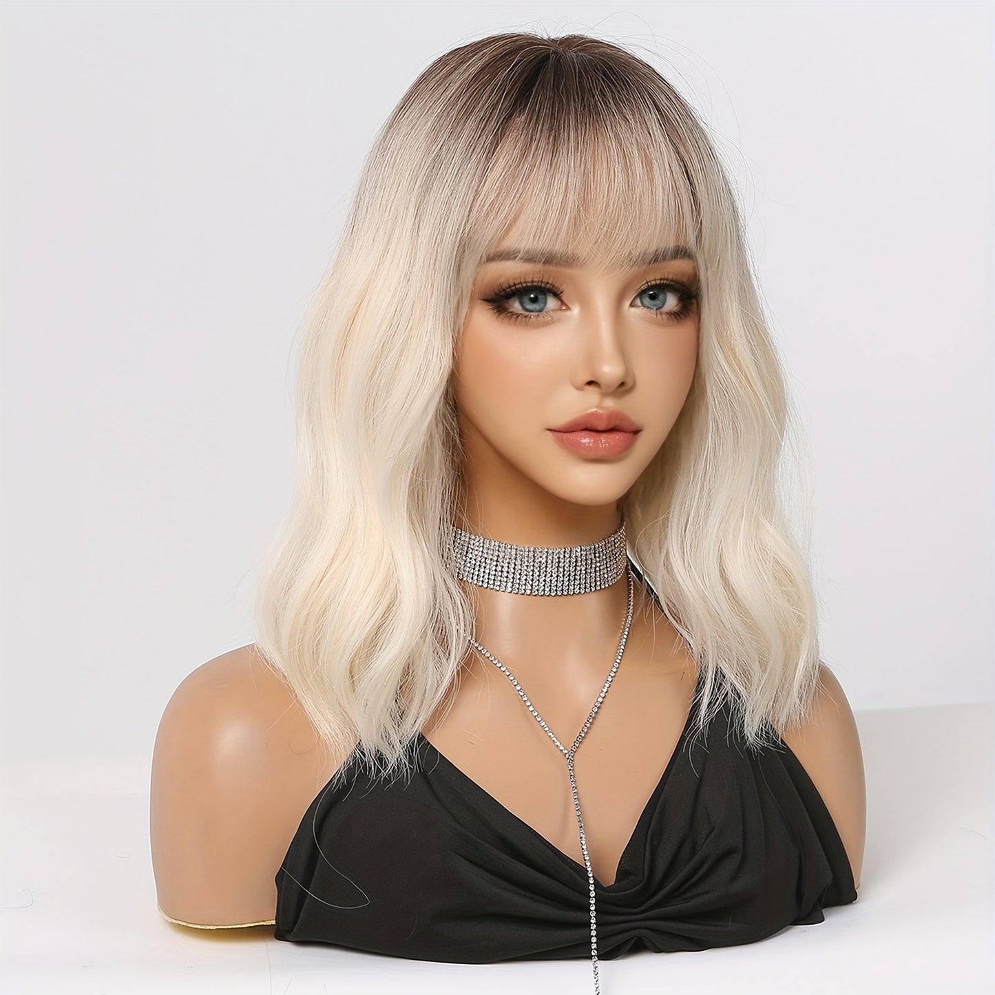 Chic 16" Ombre White Golden Bob Wig with Bangs - Soft, Heat-Resistant Synthetic Hair for Women | Perfect for Daily Wear, Work, Parties & Special Occasions