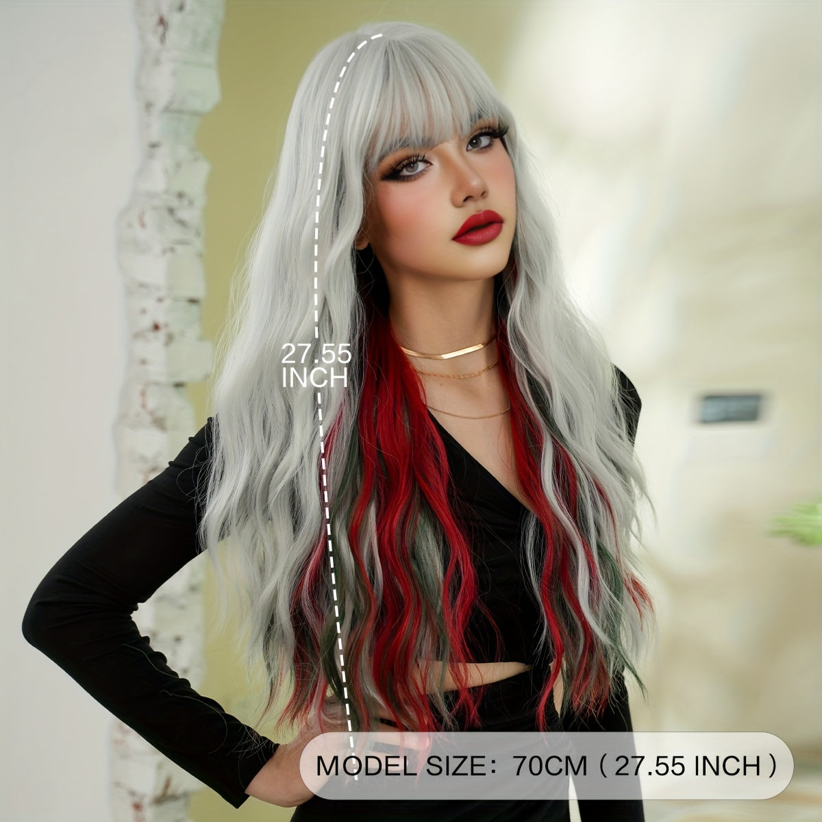 High-Density Synthetic Wig - Silvery White with Red & Green Waves, Heat Resistant for Halloween & Christmas Parties, 27.56 Inches