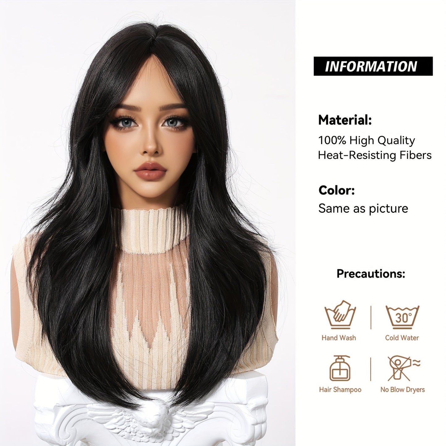 Women'S 20 Inch Black Layered Wig with Bangs, High Temperature Fiber, Straight Hair, Rose Net Cap, 150% Density, Fashionable Synthetic Wig for Daily Wear, Halloween, Christmas, Music Festivals, Cosplay