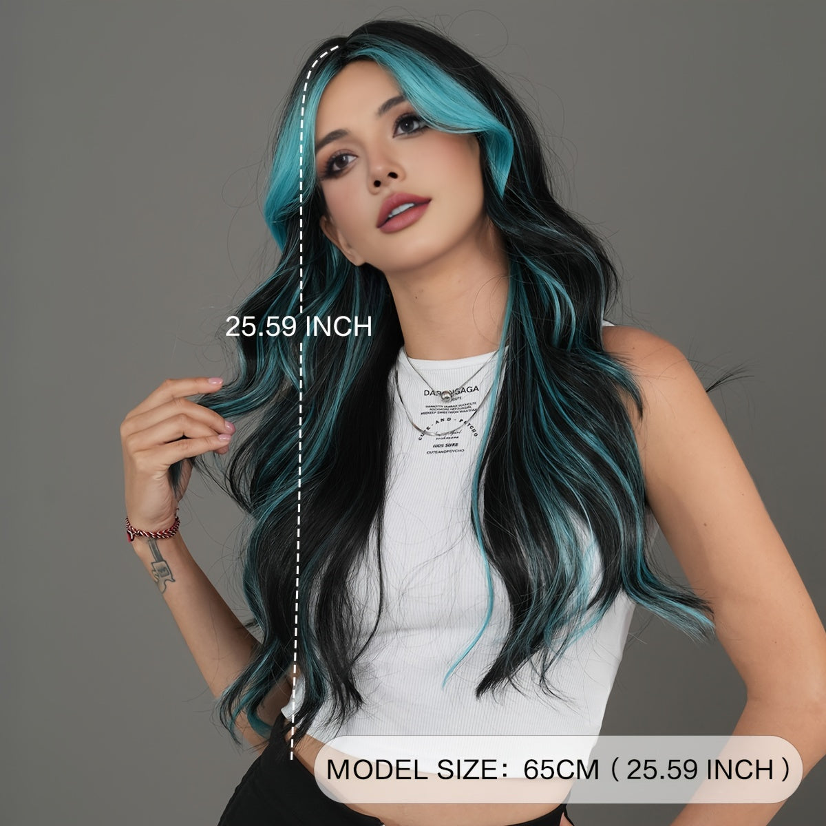 Sassy Theme Viscose Wavy Wig with Ombre Blue Highlights, Heat Resistant Synthetic Middle Part Wave Curl, High Density Rose Net Cap by NAMM, 25.59inch