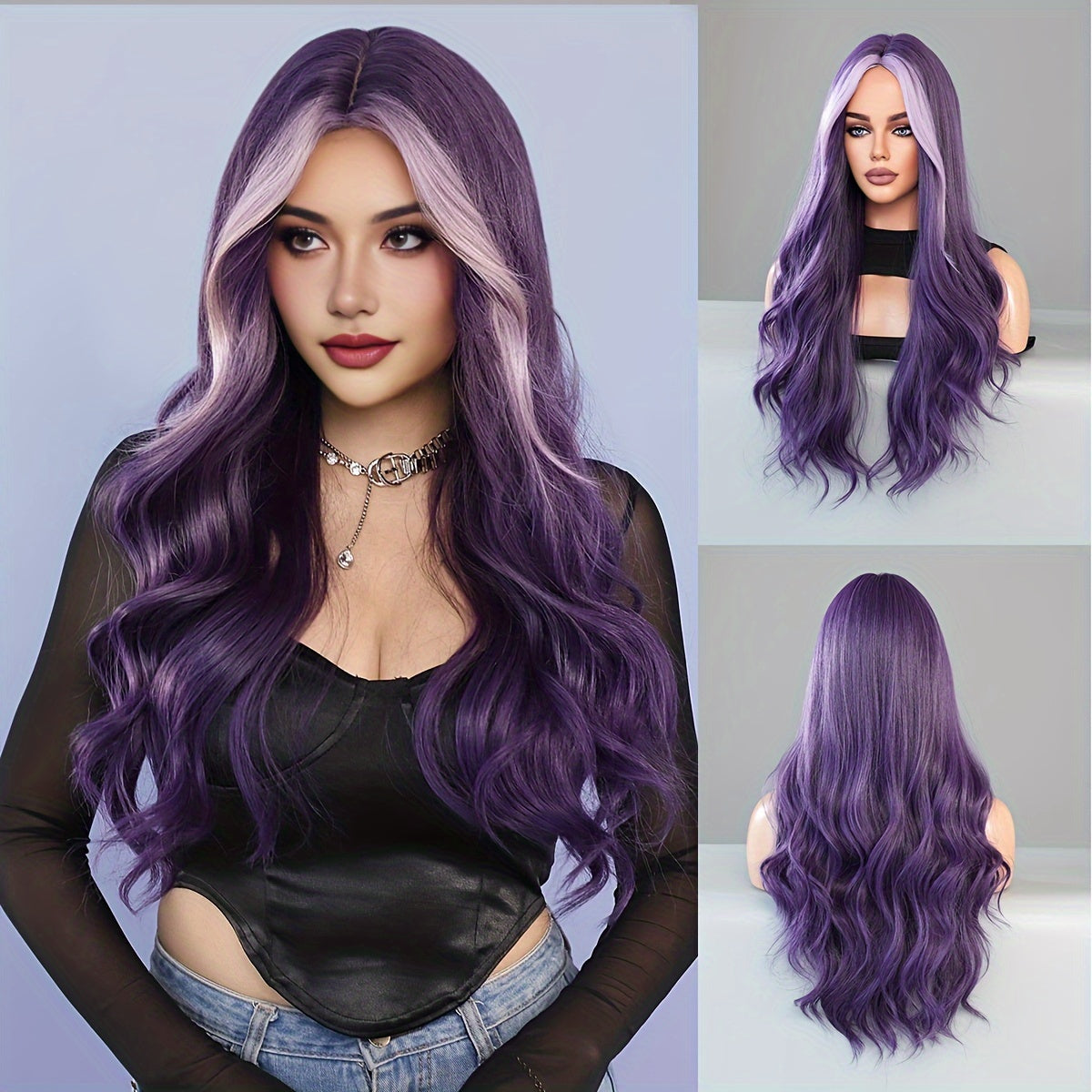 High-Density Synthetic Wig - Purple & Light Purple Ombre, Heat Resistant, Body Wave with Middle Part for Women - Perfect for Halloween & Cosplay