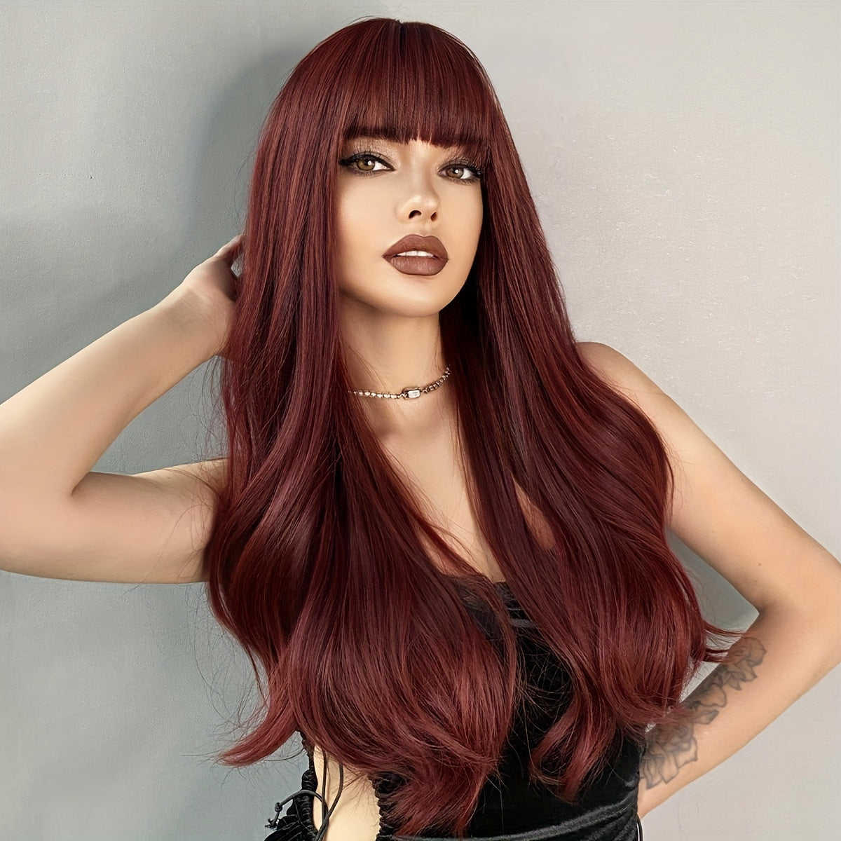 Luxurious Long Curly Wig with Bangs - Heat Resistant, Beginners Friendly, Fashionable, Daily Wear, Party Perfect, Synthetic Hair, Natural Looking, Soft to Touch, Easy to Style, Versatile, and High-Quality Wig for Women