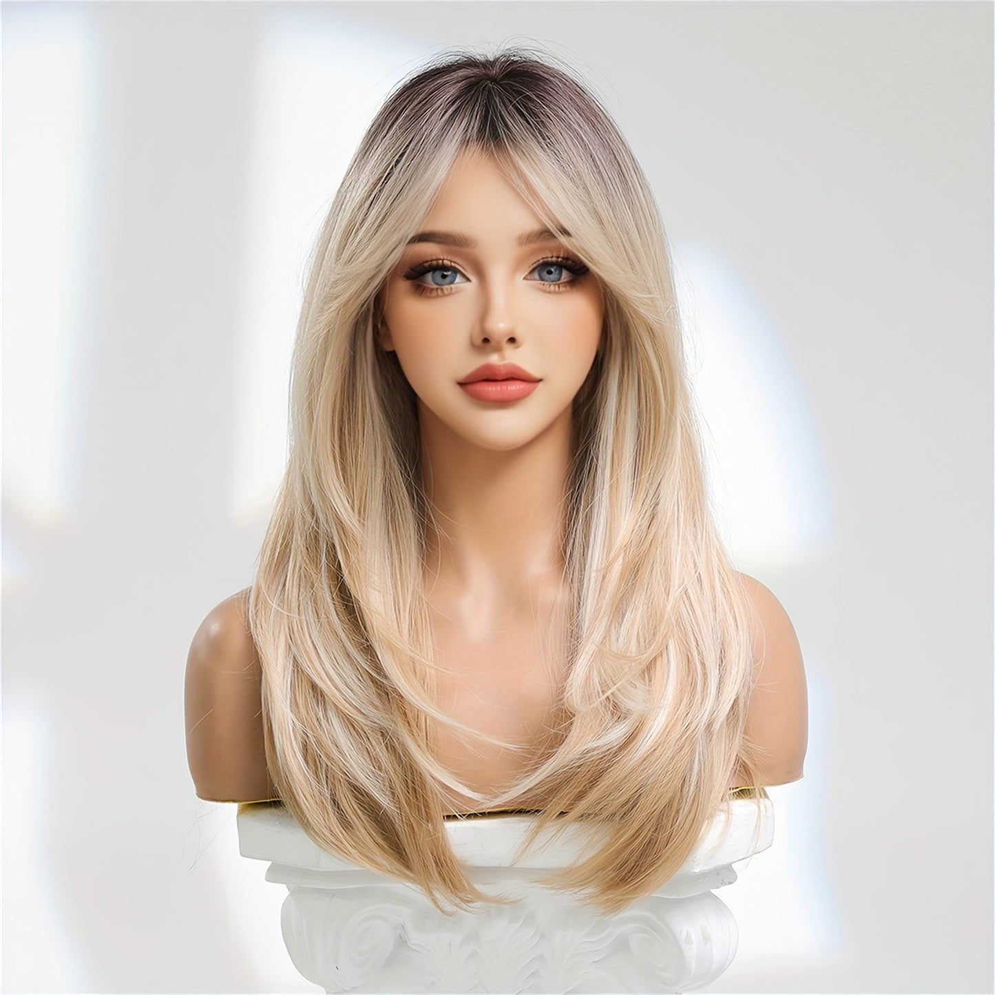 Chic 24" Golden Mixed Long Straight Layered Wig with Bangs - Soft Synthetic, Heat Resistant for Women | Perfect for Daily Wear, Work, Parties & More