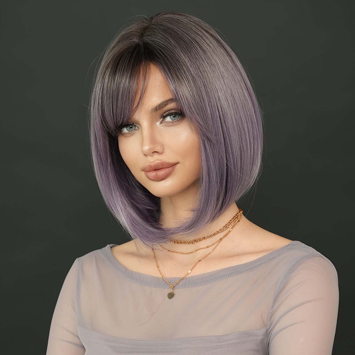 Chic Purple Bob Wig for Women - High-Density Synthetic, Heat Resistant, Side Parted Short Straight Style with Bangs - Perfect for Daily Wear & Parties