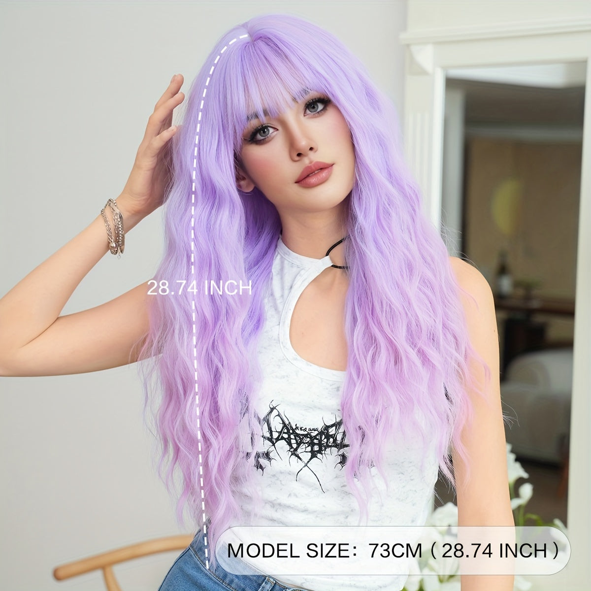 Anime Cosplay Wig for Women - 28.74inch Long Wavy Light Purple Wig, Synthetic Viscose Hair with Bangs, High-Density Party Costume, Heat Resistant, Rose Net Cap