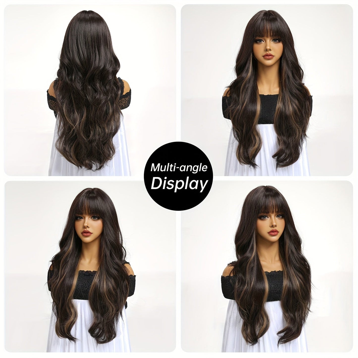 Chic 30-Inch Black to Brown Ombre Wig with Bangs - Long Curly, Heat Resistant Synthetic Hair for Women | Perfect for Daily Wear, Parties, Halloween & Cosplay