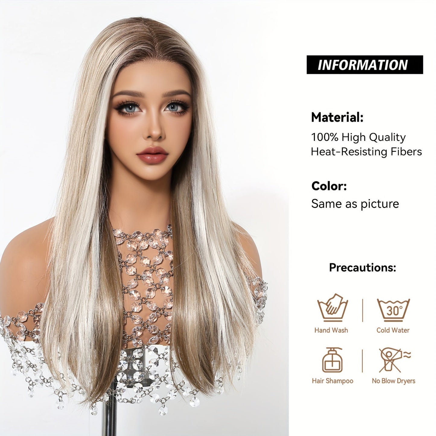 Women's Fashionable 22-Inch Mixed White Golden and Brown Synthetic Lace Front Wig, Ri Fiber Composition, Basic Style, 150% Density, Straight Hair, 13x5 Lace Part, Versatile for Daily Wear, Work, Parties, and Themed Events