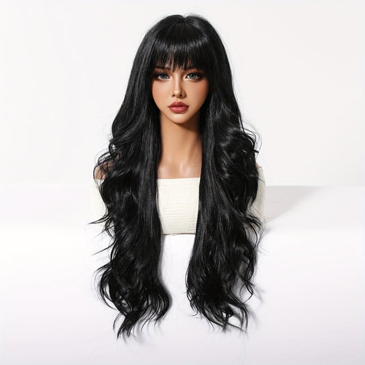 Elegant 26-Inch Black Curly Wavy Wig with Bangs for Women - Soft Synthetic Hair, Heat Resistant, Perfect for Daily Wear, Halloween & Cosplay Events