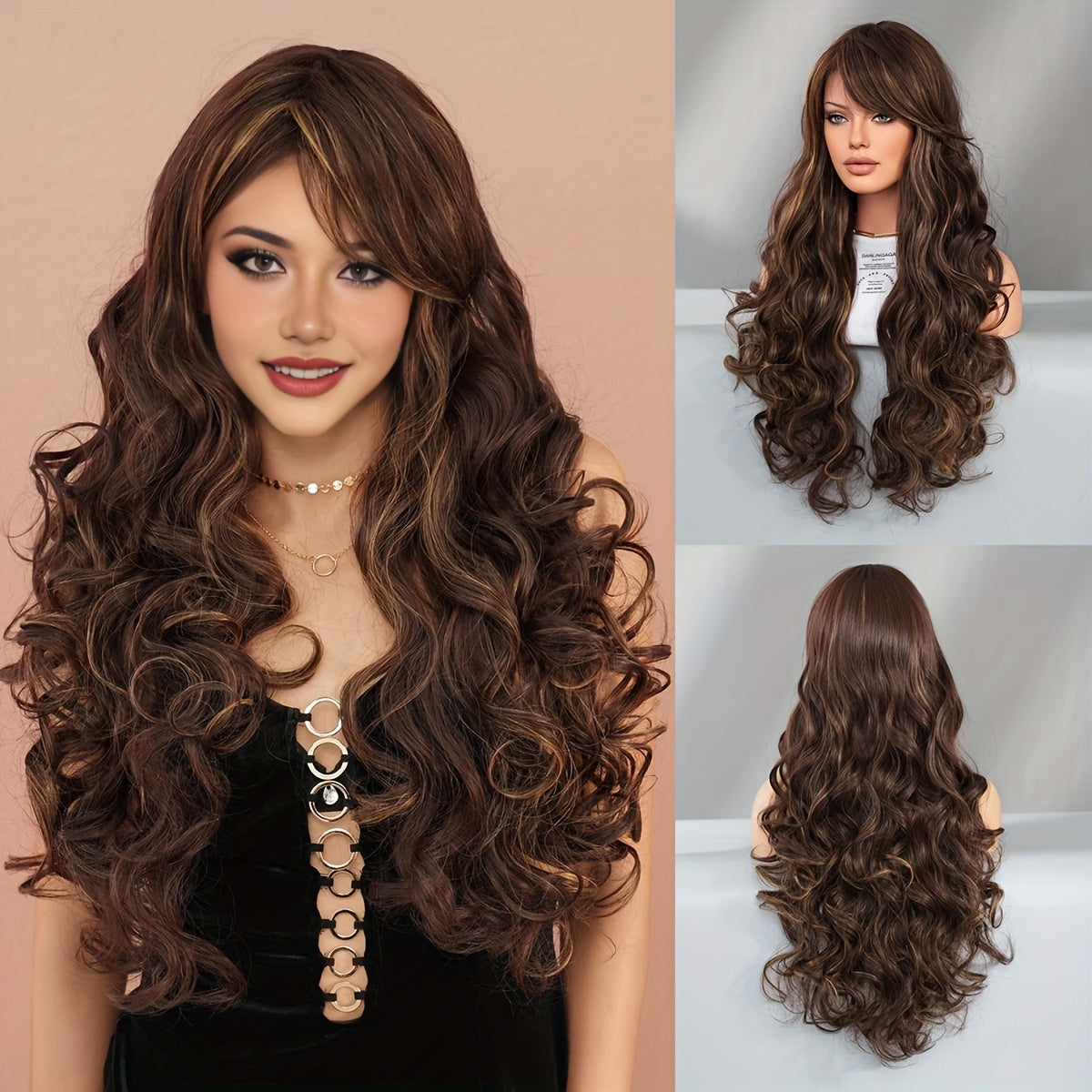 Elegant High-Density Body Wave Wig for Women - Heat Resistant Synthetic with Side Part & Bangs, Brown to Blonde Ombre, Perfect for Daily Wear & Special Occasions