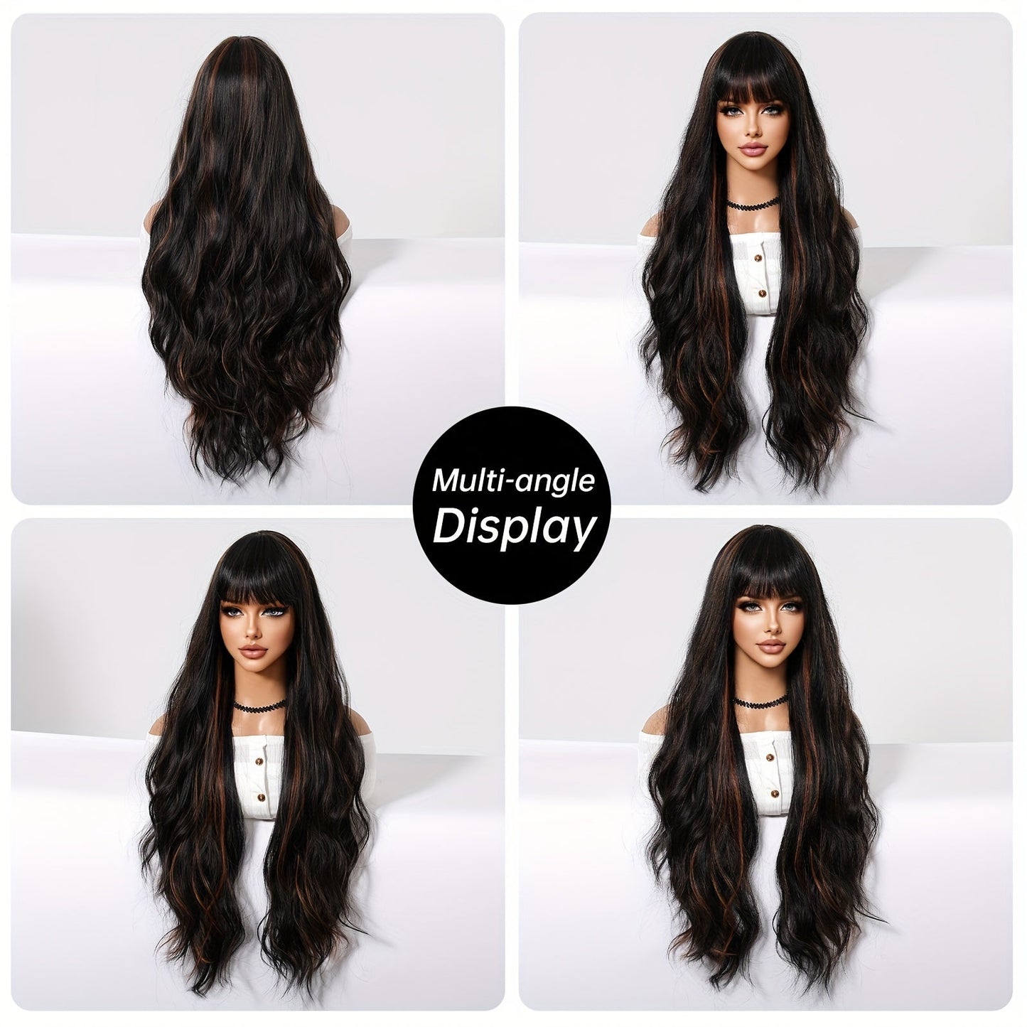 Chic 30-Inch Black to Brown Ombre Wig with Bangs - Long Curly, Heat Resistant Synthetic Hair for Women | Perfect for Daily Wear, Parties, Halloween & Cosplay