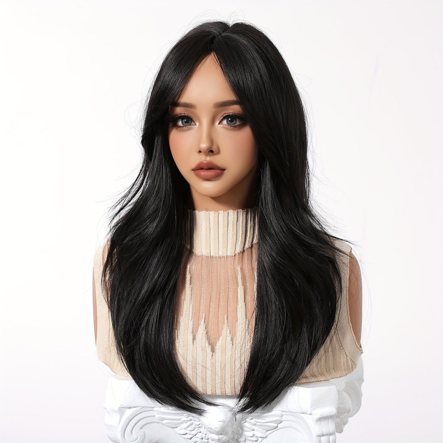 Women'S 20 Inch Black Layered Wig with Bangs, High Temperature Fiber, Straight Hair, Rose Net Cap, 150% Density, Fashionable Synthetic Wig for Daily Wear, Halloween, Christmas, Music Festivals, Cosplay