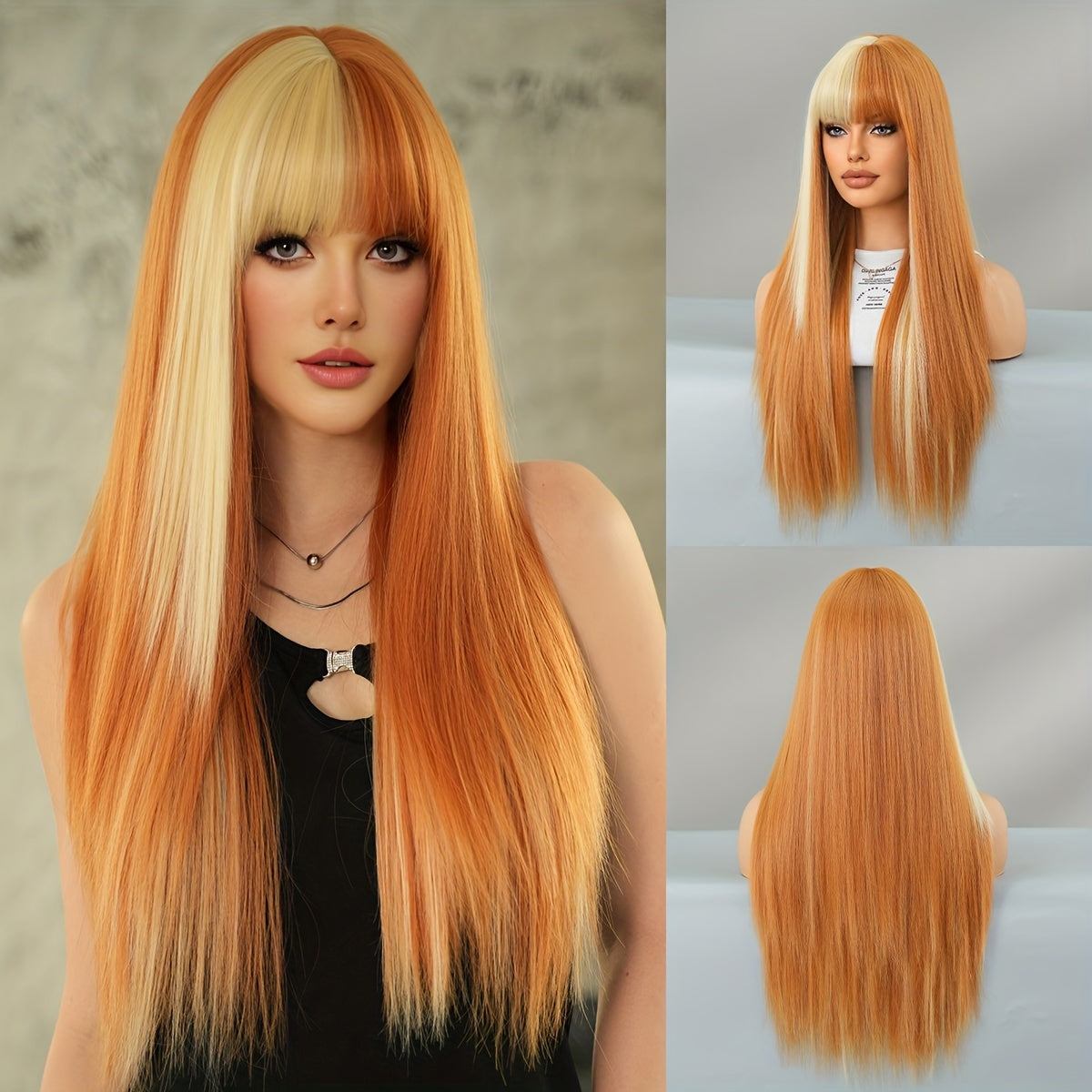 High-Density Synthetic Wig - Long Straight Beige Ombre Pink with Bangs for Women, Heat Resistant, Perfect for Halloween & Cosplay Parties