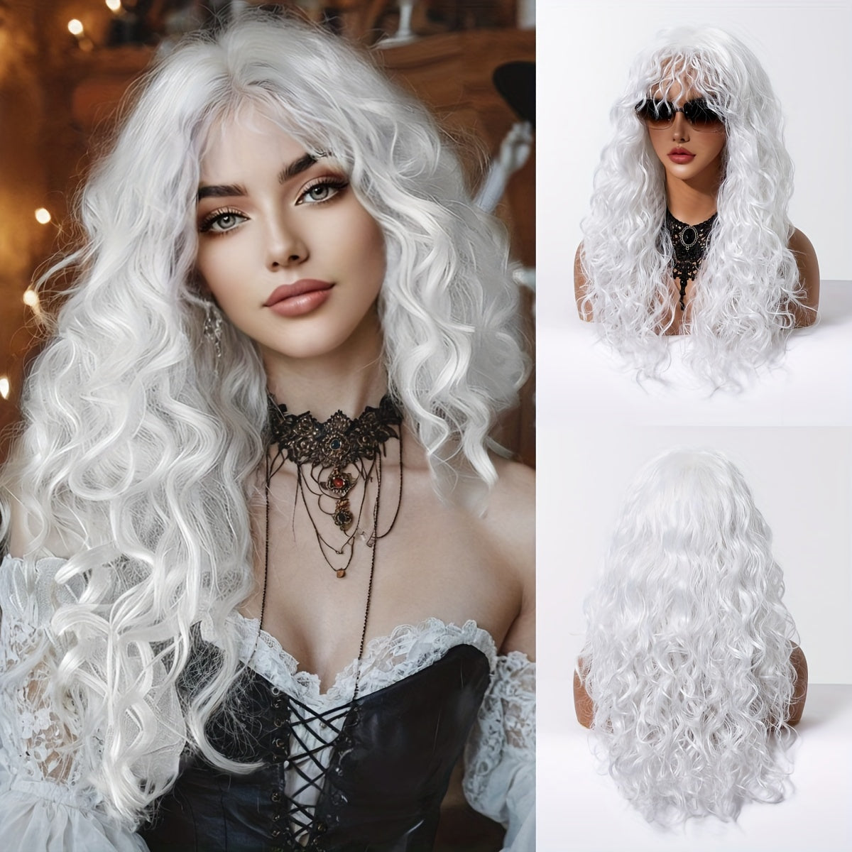 24 Inch White Curly Wave Wig with Bangs, Soft Synthetic Fiber, Women'S Fashion Wig for Daily Wear, Gatherings, Halloween, Christmas, Music Festivals, Cosplay - Heat-Resistant, Hand Wash, No Cold Water, No Dryers, Rose Cap, 150% Density, All Ethnicities