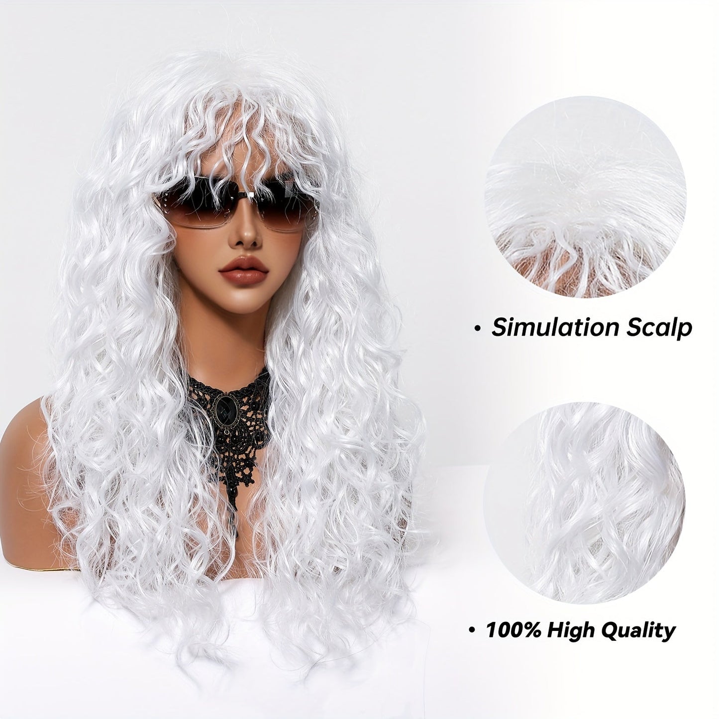 24 Inch White Curly Wave Wig with Bangs, Soft Synthetic Fiber, Women'S Fashion Wig for Daily Wear, Gatherings, Halloween, Christmas, Music Festivals, Cosplay - Heat-Resistant, Hand Wash, No Cold Water, No Dryers, Rose Cap, 150% Density, All Ethnicities