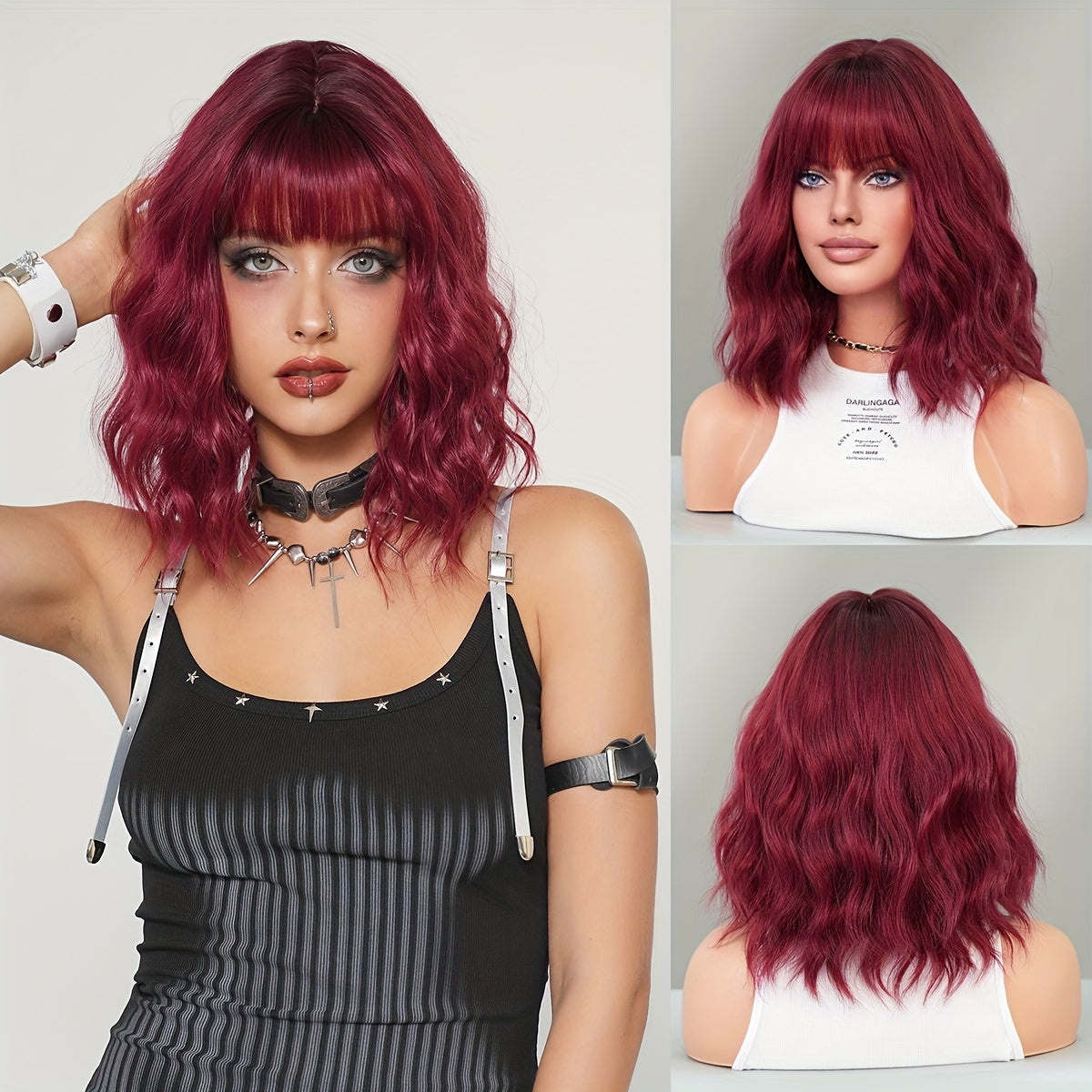 Women's Shoulder Length Burgundy Wavy Wig Synthetic Heat Resistant Viscose Fiber with Movie Theme Rose Net Cap for Halloween Party Cosplay 14.57inch