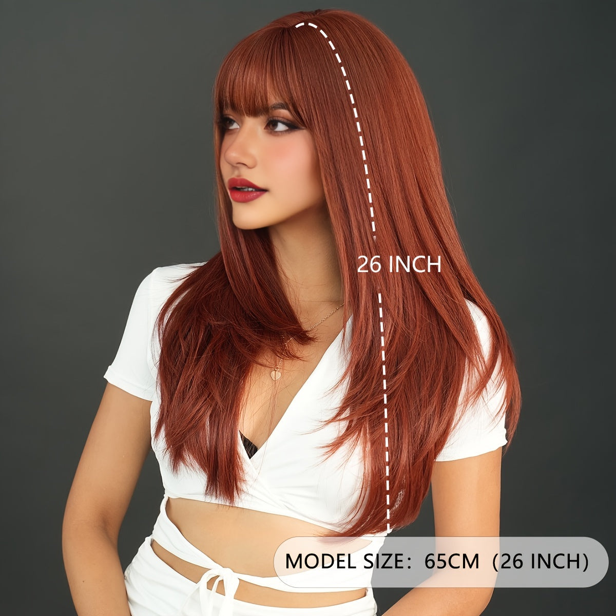 High-Density Copper Long Straight Layered Wig with Bangs - Heat Resistant Synthetic Hair for Halloween & Cosplay, 24.36 Inches