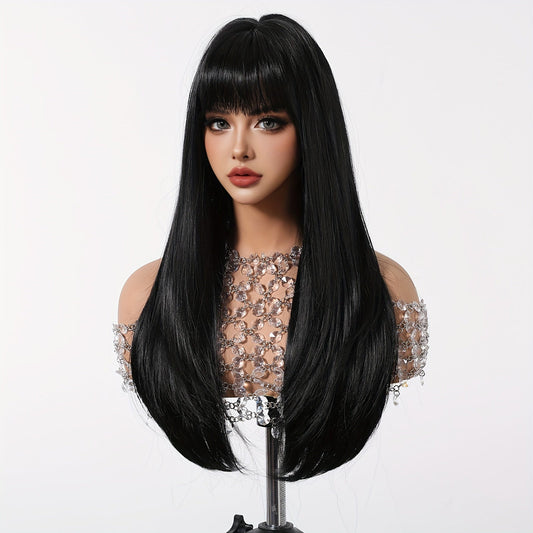 Women's 28 Inch Long Straight Hair Wig with Bangs, Synthetic High Temperature Fiber, Rose Net Cap, 150% Density, Basic Style, Suitable for All - Perfect for Daily Wear, Parties, Halloween, Christmas, Music Festivals