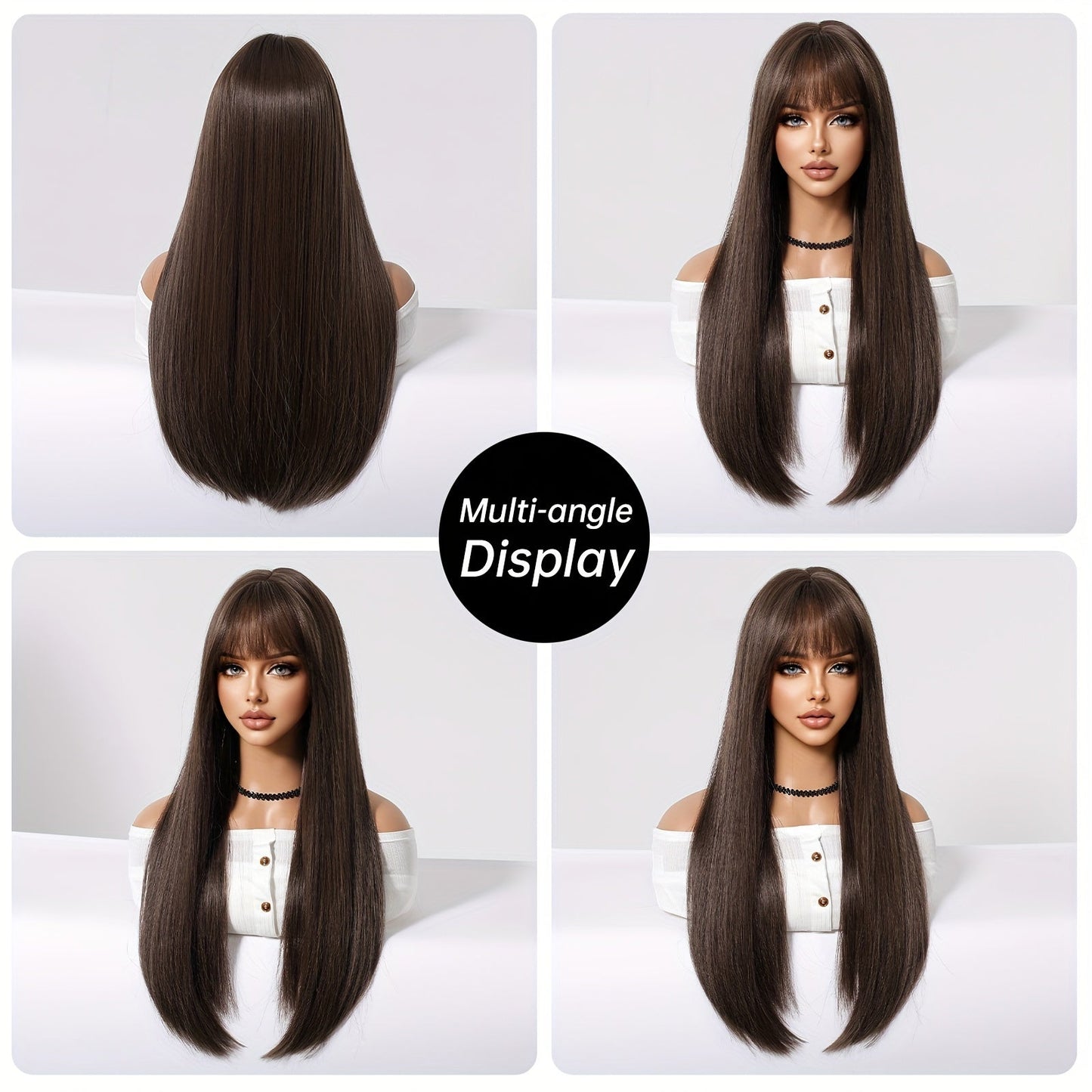 Elegant 24-Inch Brown & Black Straight Wig with Bangs for Women - High Density, Heat Resistant Synthetic Hair for Daily Wear, Parties, Cosplay