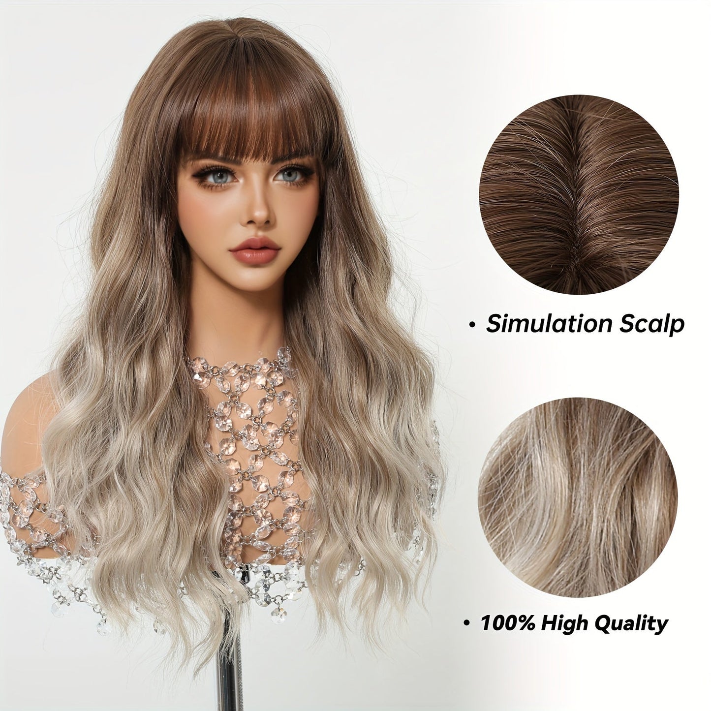 Women's Curly Wave Wig 24 inch - High Temperature Fiber, 150% Density, Basic Style with Natural Gradient Brown, Rose Net Cap, Heat-Resistant Synthetic Hair, Universal Fit for Daily Wear, Parties, Cosplay