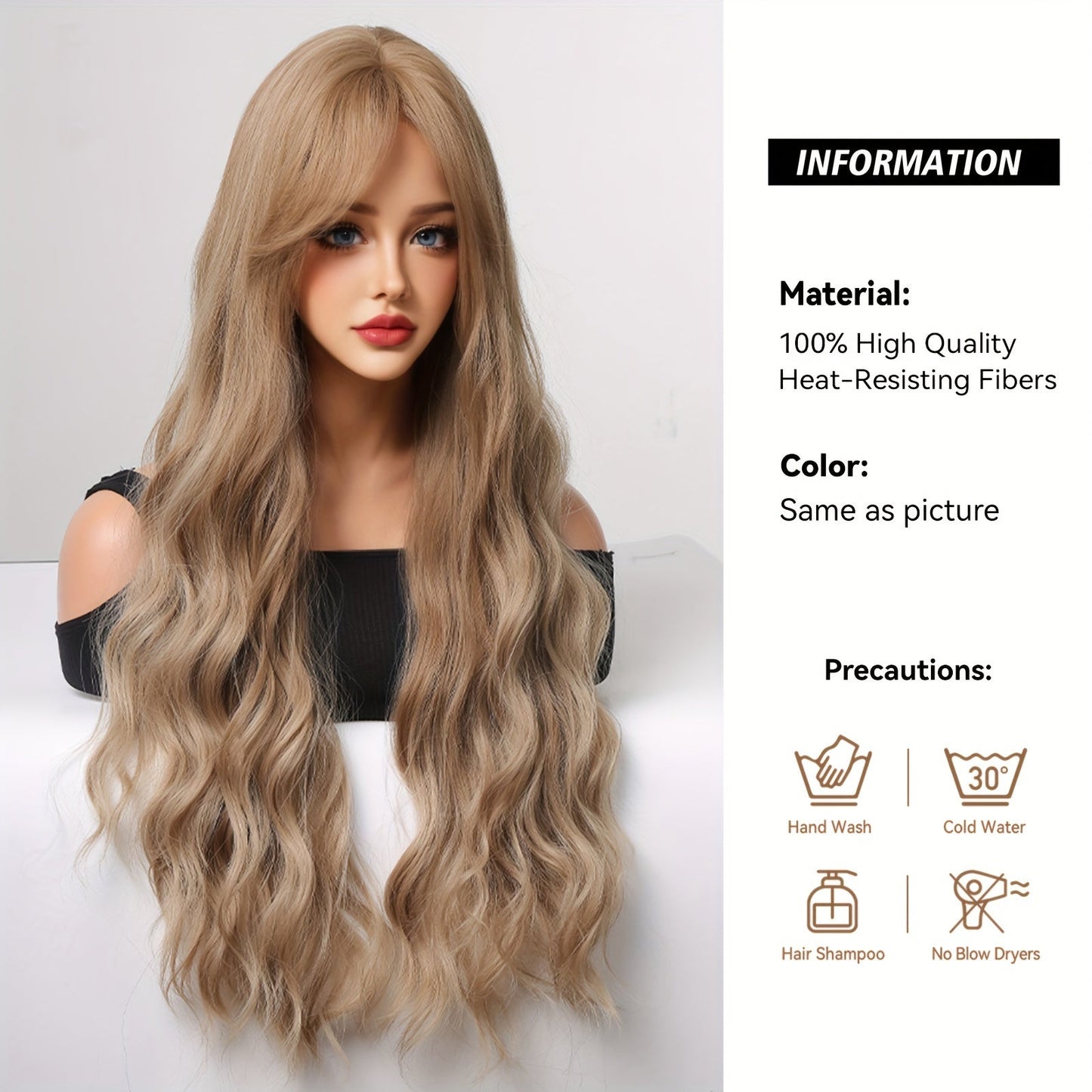 Women'S 30" Curly Wave Synthetic Wig with Bangs - High-Temperature Fiber, Basic Style, Rose Net Cap, 150% Density, Versatile for Daily, Work, Parties, Cosplay