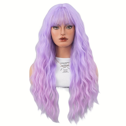 Anime Cosplay Wig for Women - 28.74inch Long Wavy Light Purple Wig, Synthetic Viscose Hair with Bangs, High-Density Party Costume, Heat Resistant, Rose Net Cap