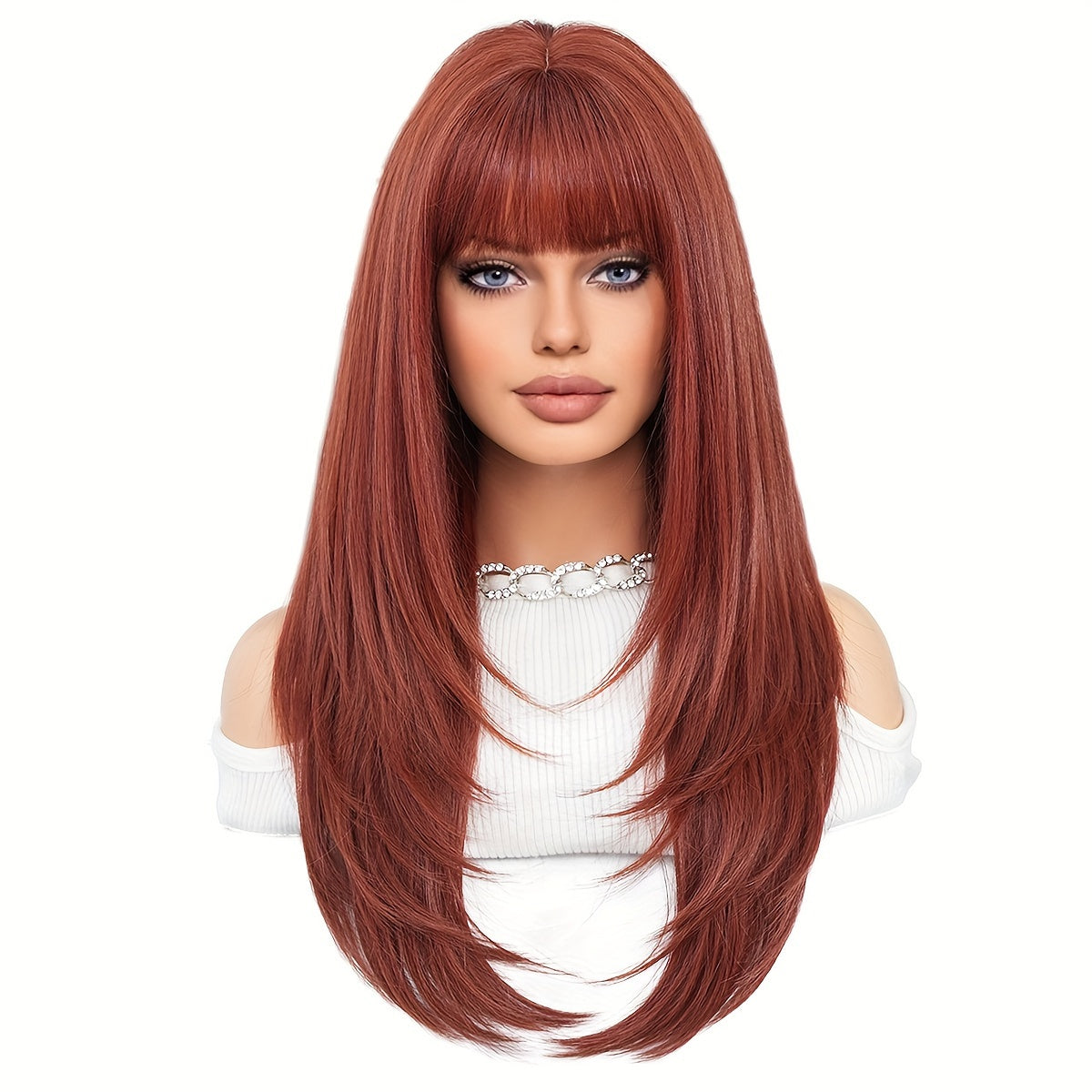 High-Density Copper Long Straight Layered Wig with Bangs - Heat Resistant Synthetic Hair for Halloween & Cosplay, 24.36 Inches