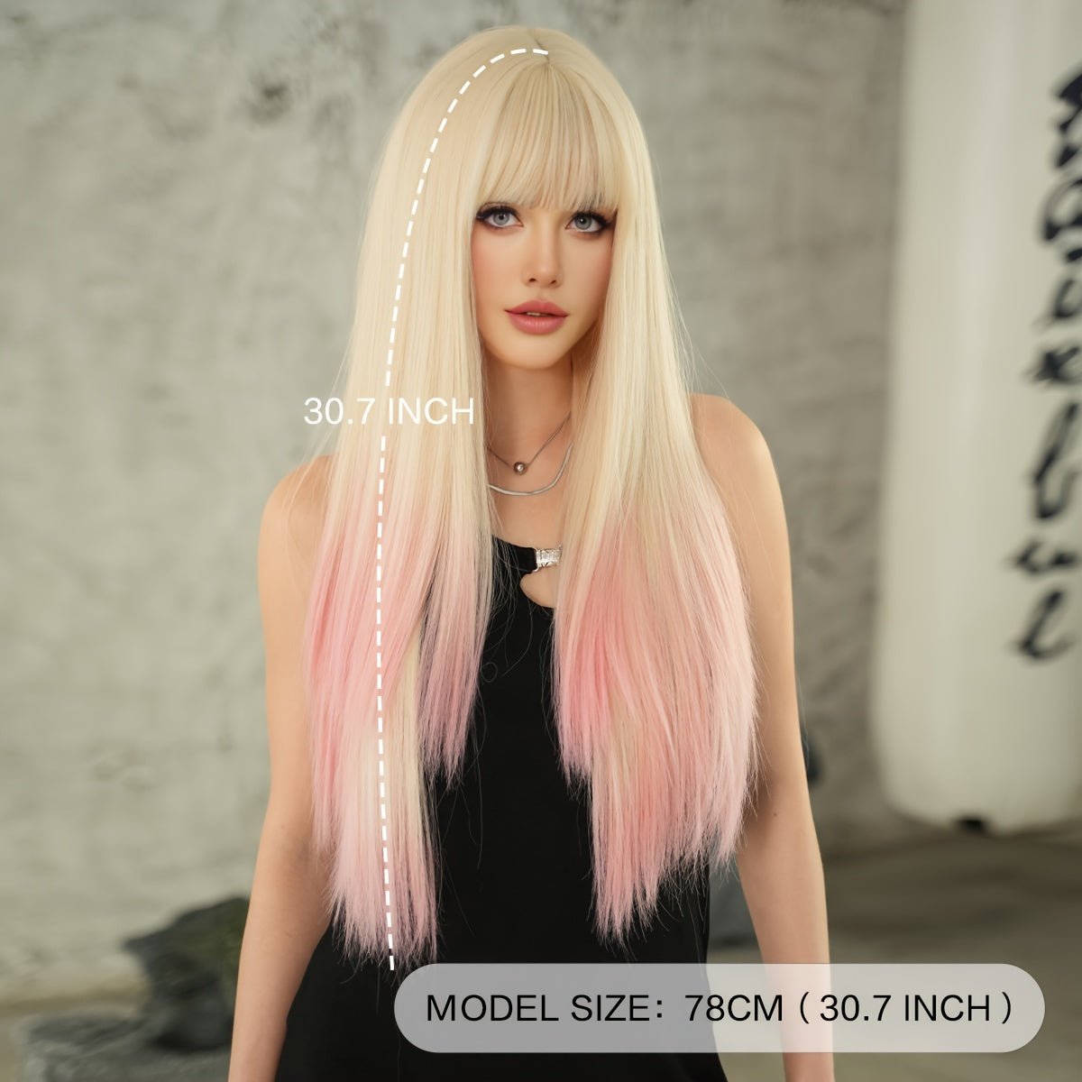 High-Density Synthetic Wig - Long Straight Beige Ombre Pink with Bangs for Women, Heat Resistant, Perfect for Halloween & Cosplay Parties