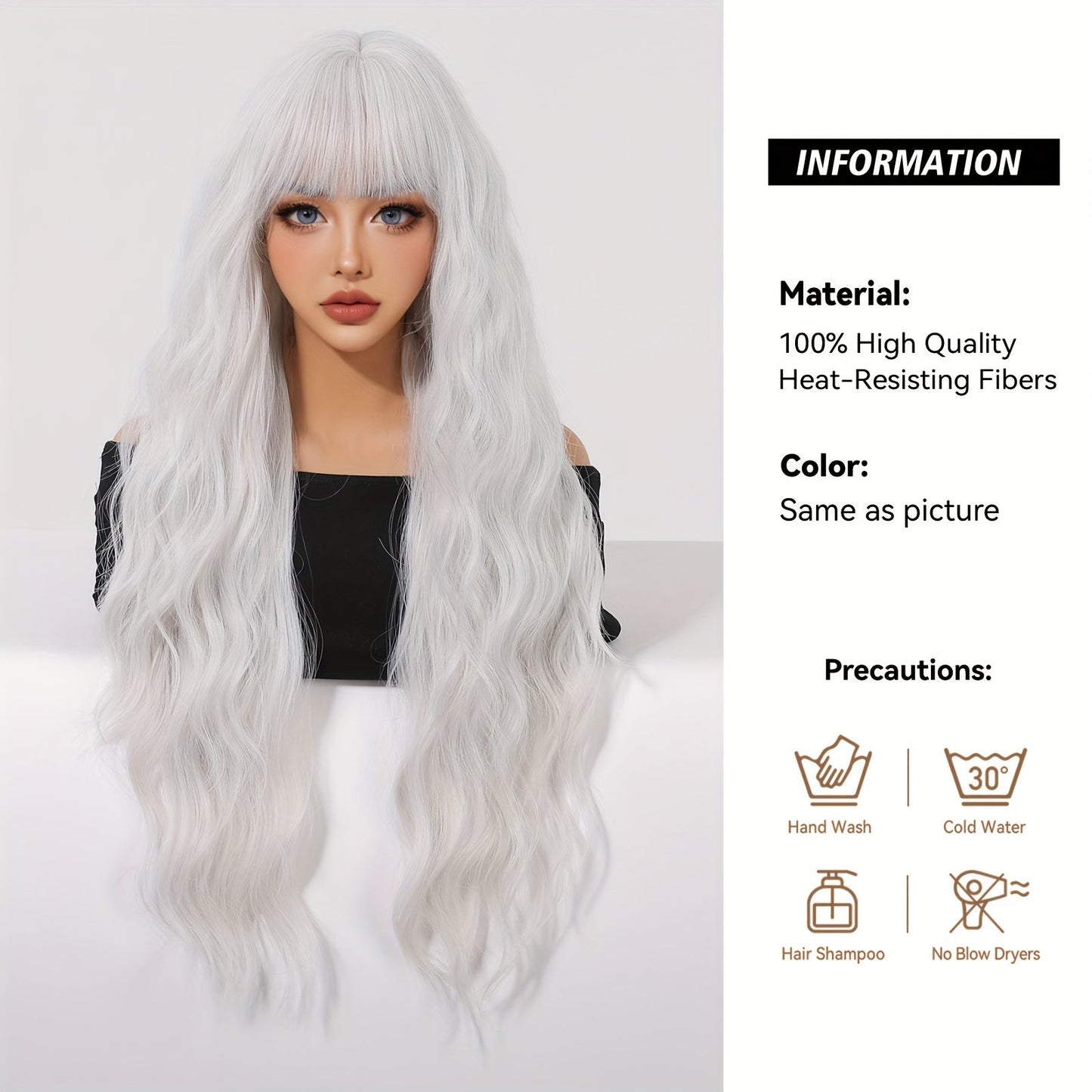 Chic 30-Inch White Curly Wig with Bangs for Women - Soft, Heat Resistant Synthetic Hair for Daily Wear, Work, Parties & Festivals