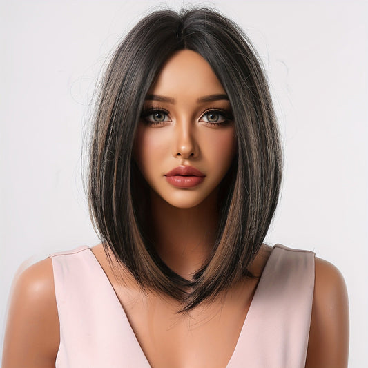 Chic 14" Black to Brown Bob Wig for Women - Soft, Heat-Resistant Synthetic Hair with Bangs | Perfect for Daily Wear, Work, Parties & Special Occasions