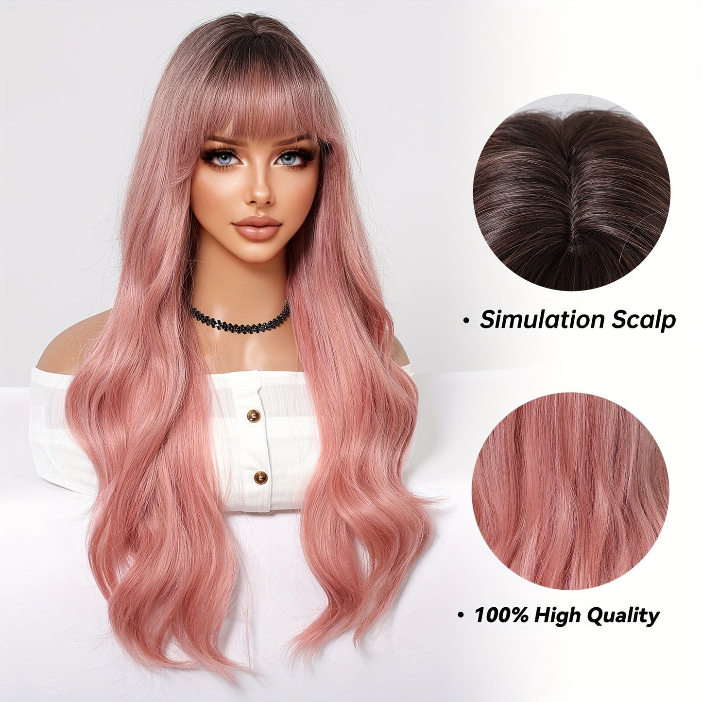 Chic 30" Gradient Pink Curly Wig with Bangs for Women - Easy-Care Synthetic Fibers, Perfect for Daily Wear & Special Occasions