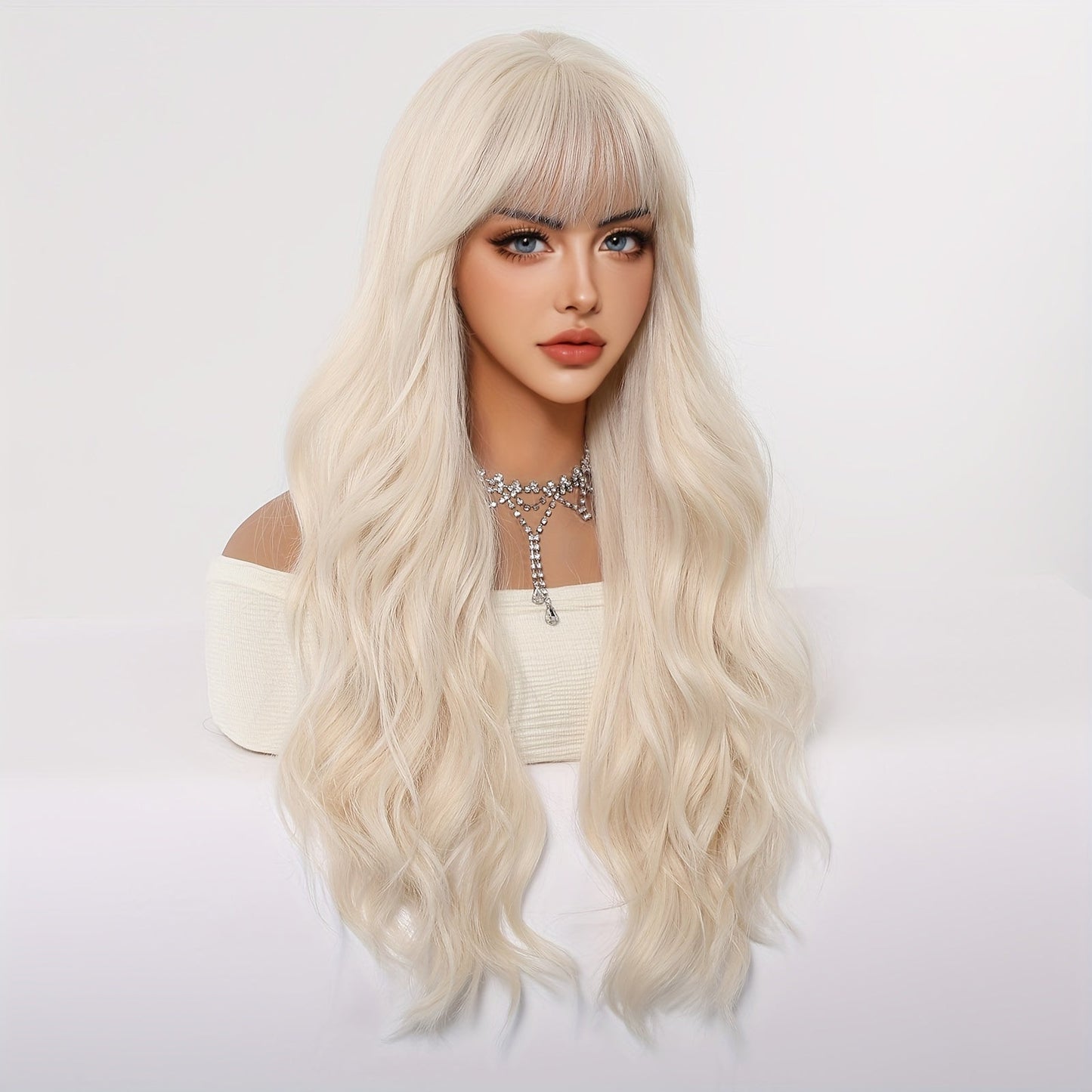 Chic 26" White Golden Curly Wig with Bangs for Women - Soft, Heat-Resistant Synthetic Hair for Daily Wear, Parties, Halloween & More