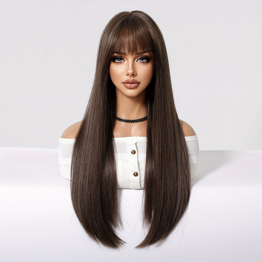 Elegant 24-Inch Brown & Black Straight Wig with Bangs for Women - High Density, Heat Resistant Synthetic Hair for Daily Wear, Parties, Cosplay