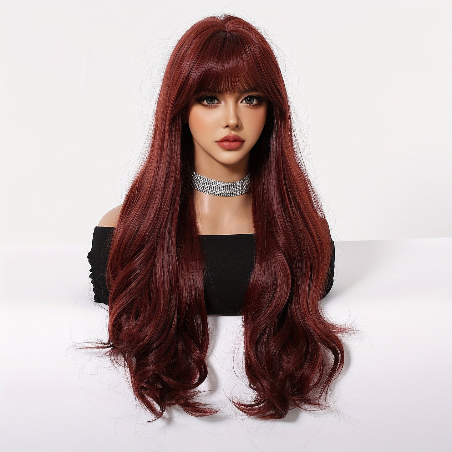 26 Inch Burgundy Long Wig with Bangs, Soft Synthetic Fiber, Elegant Style, Women's Full Top Wig, Heat-Resistant, for Daily Use, Gatherings, Cosplay, Halloween, Christmas, Music Festivals, All Ethnicities