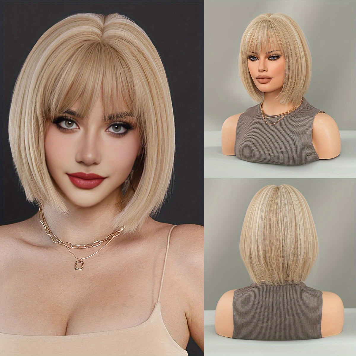 Elegant Champagne Blonde Highlight Short Straight Wig with Bangs - Heat Resistant Synthetic Hair for Women, Perfect for Daily Wear & Halloween Parties