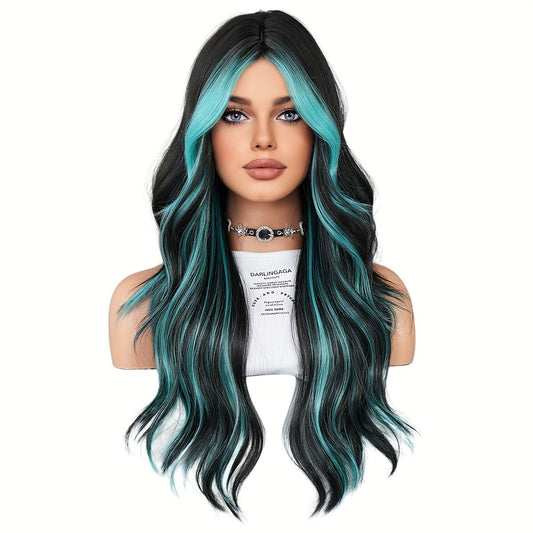 Sassy Theme Viscose Wavy Wig with Ombre Blue Highlights, Heat Resistant Synthetic Middle Part Wave Curl, High Density Rose Net Cap by NAMM, 25.59inch