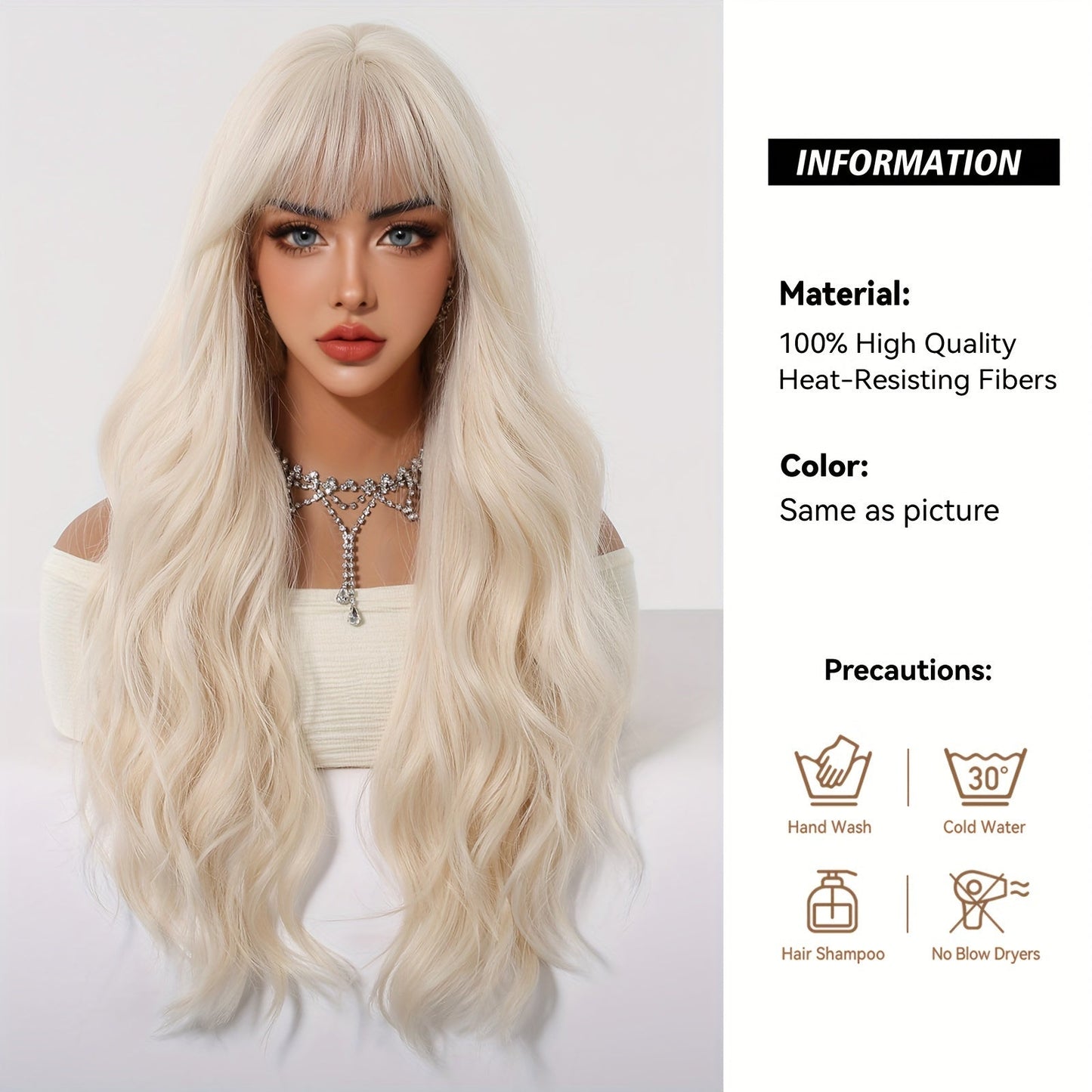 Chic 26" White Golden Curly Wig with Bangs for Women - Soft, Heat-Resistant Synthetic Hair for Daily Wear, Parties, Halloween & More