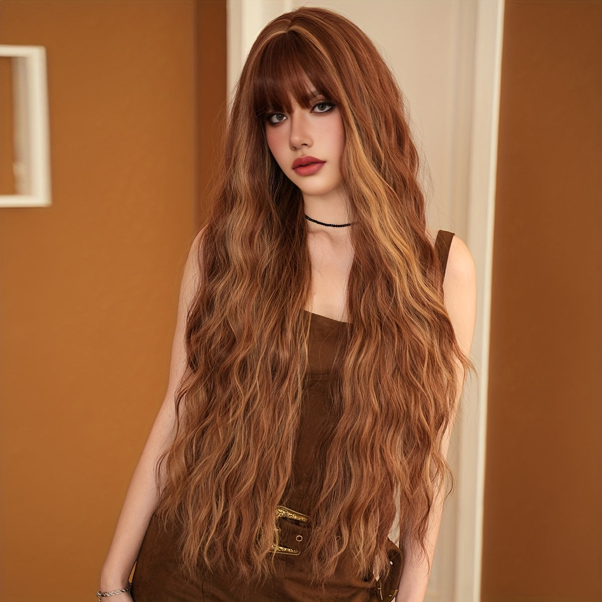 Pumpkin Orange Brown Long Curly Wig - Heat Resistant Synthetic Hair for Halloween, Cosplay & Parties, 35.43inch