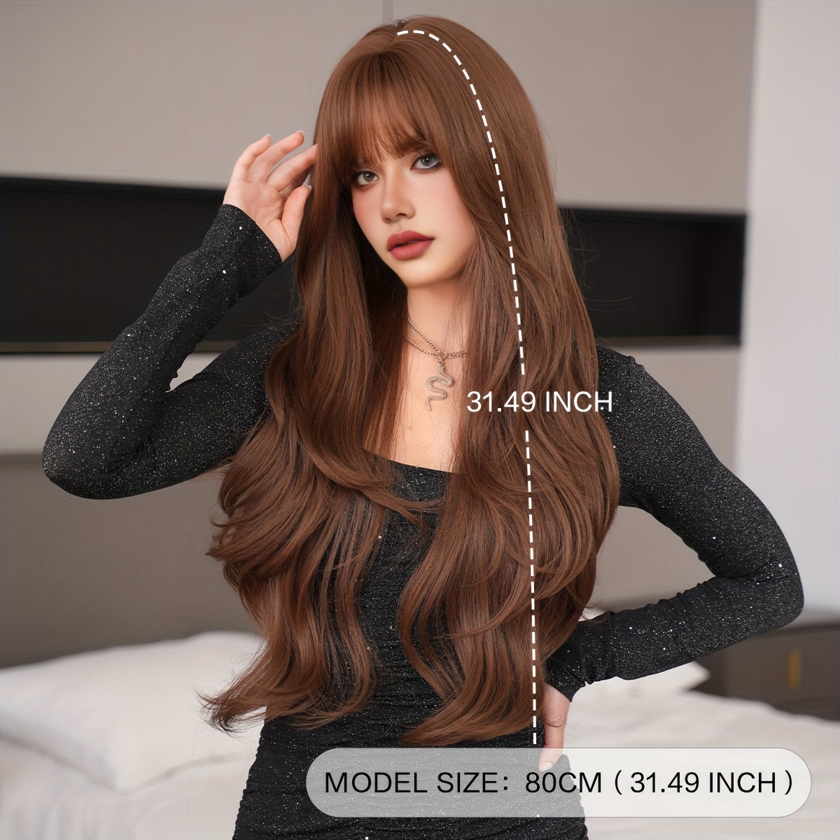 Luxurious Mocha Brown Body Wave Wig for Women - High-Density, Heat Resistant Synthetic Hair with Bangs, Natural Looking, Soft to Touch, Perfect for Daily Wear, Cosplay, and Special Occasions