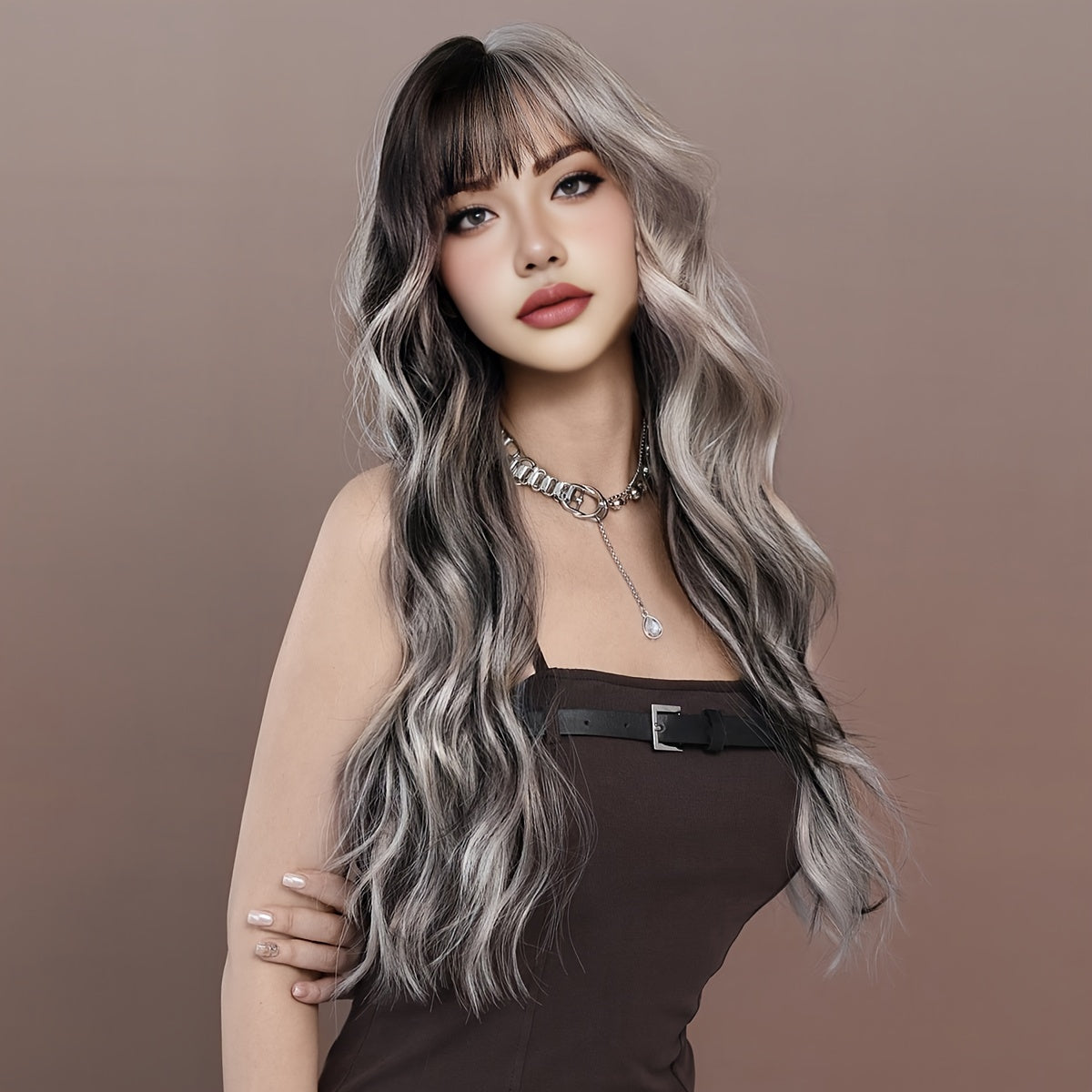 Silvery Gray Ombre Wig with Bangs - High-Density, Heat Resistant, Soft and Breathable Synthetic Hair for Women - Perfect for Halloween, Cosplay, Daily Wear, and Special Occasions