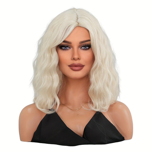 Platinum Blonde Wavy Curly Synthetic Wig - Heat Resistant, High-Density for Halloween & Cosplay Costume Accessories