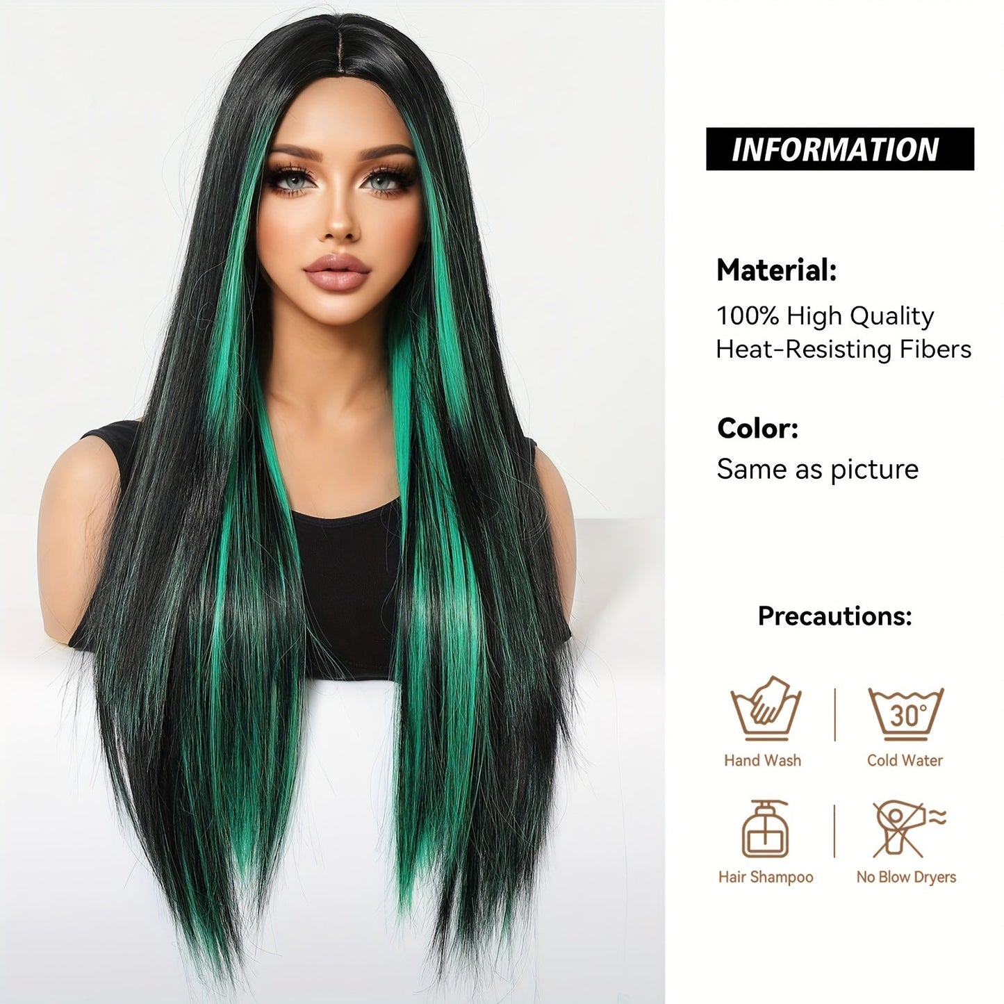 Women's 26 inch Long Straight Party Wig with Black Mixed Green Highlights, High Temperature Fiber, 150% Density, Rose Net Cap, Heat Resistant Synthetic Hair for Daily Use and Festive Occasions