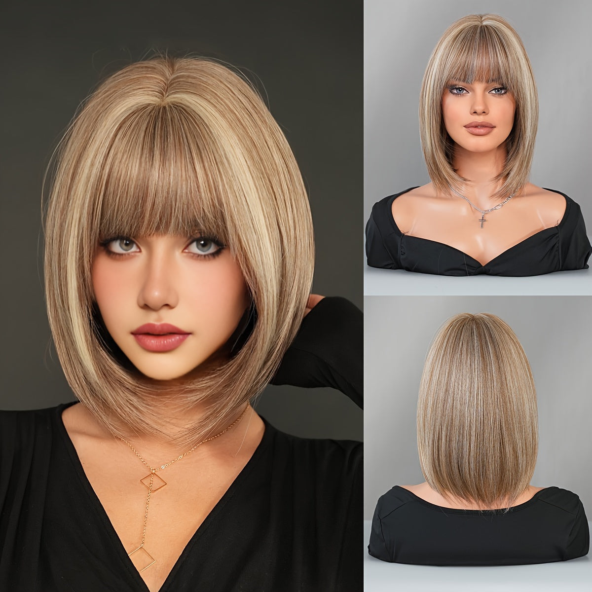 Elegant Short Bob Wig for Women - High-Density Synthetic Straight Hair with Brown & Blonde Highlights, Heat Resistant, Perfect for Daily Wear & Parties