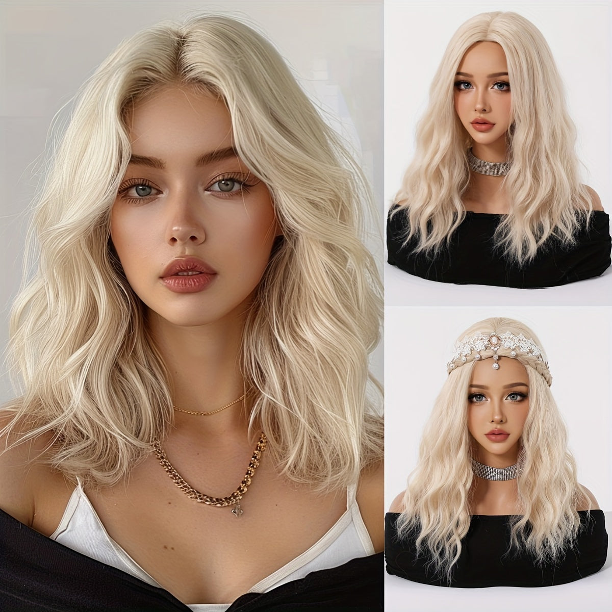 14 Inch White Golden Split Wig, Soft Synthetic Fiber, Women's Cosplay Costume, 150% Density, Curly Wave, Rose Net Cap, for Daily, Party, Halloween, Christmas, Music Festival, All Ethnicities