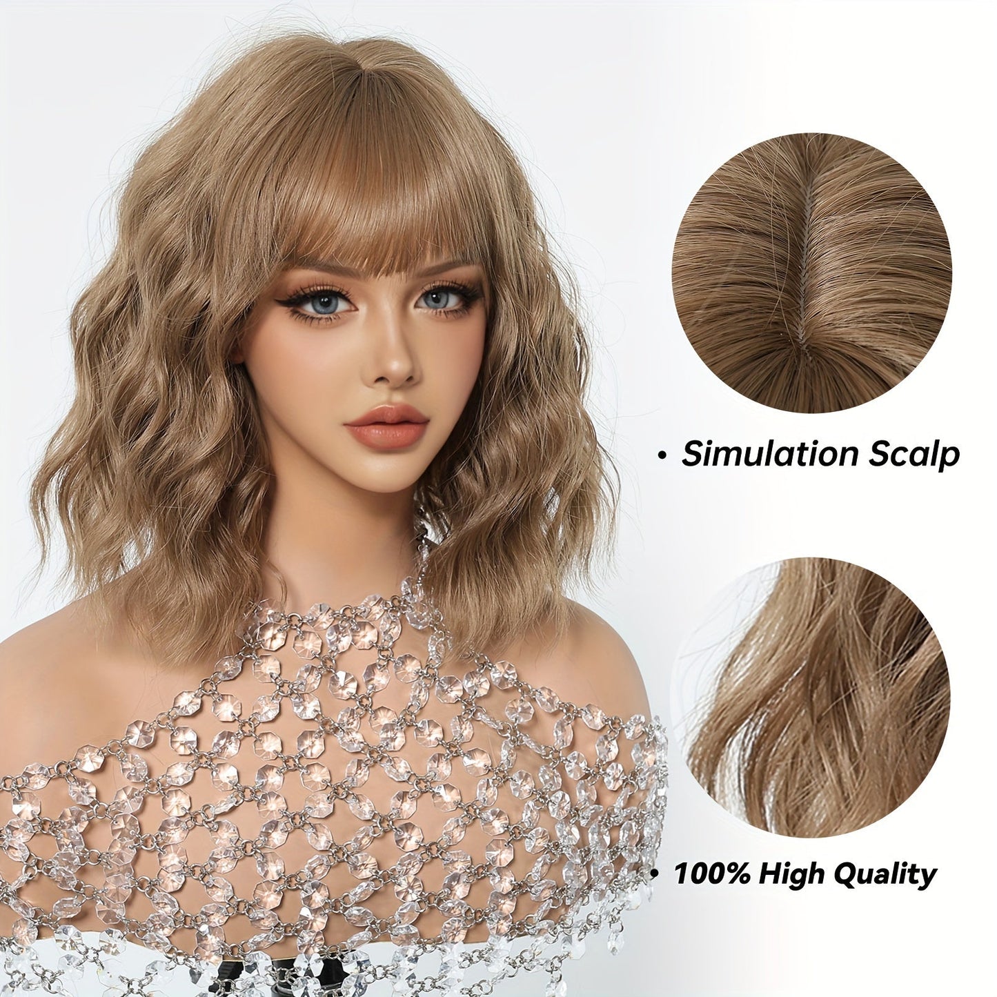 Women's 14 Inch Curly Wave Bob Wig - High Temperature Fiber, Basic Style, 150% Density, Rose Net Cap, Soft and Smooth, Lined, Suitable for Daily Wear, Parties, Cosplay