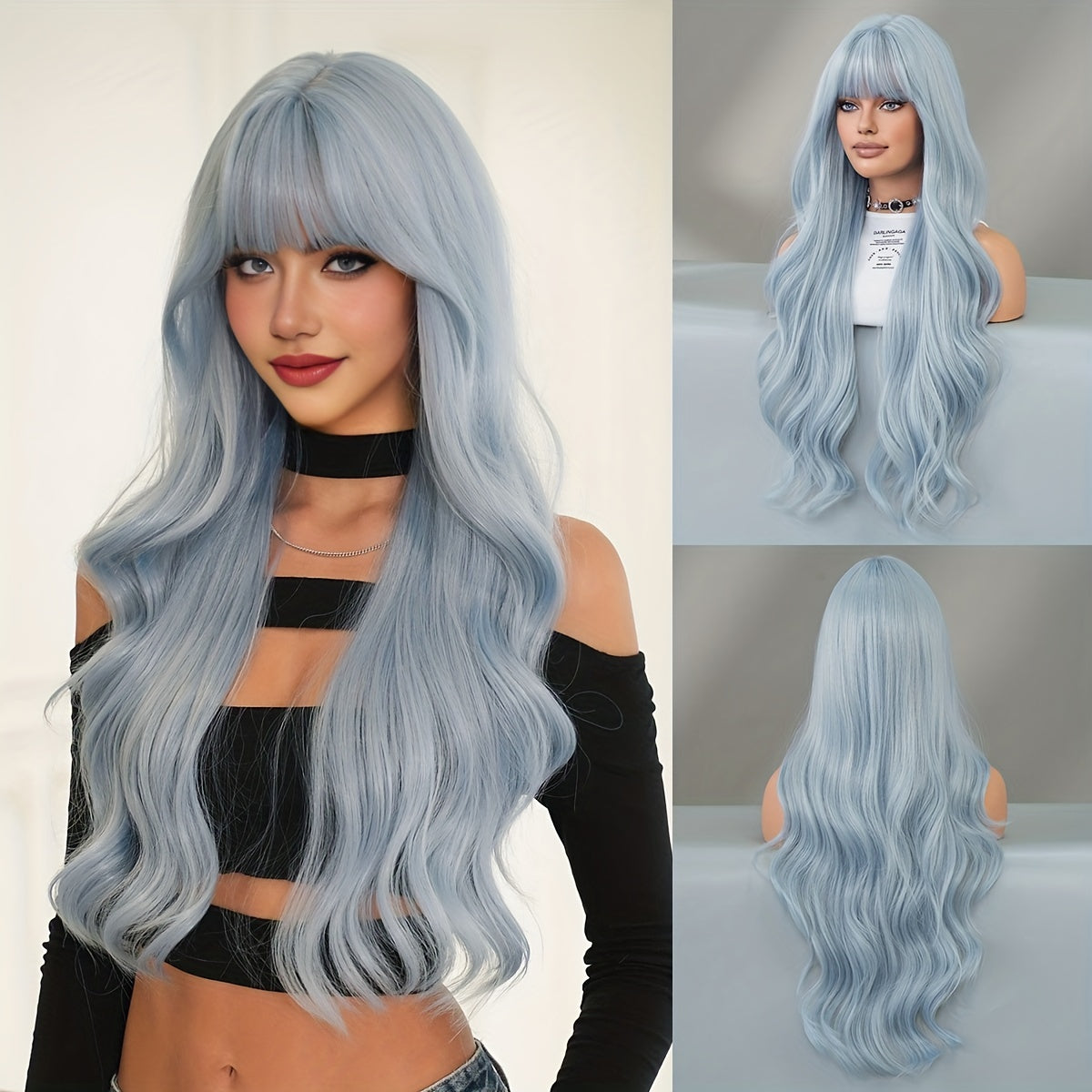 Heat Resistant Synthetic Wavy Light Blue Wig 31.5inch, Viscose Movie Themed Cosplay Party Hairpiece with Bangs, High Density Rose Net Cap Halloween Costume Accessory