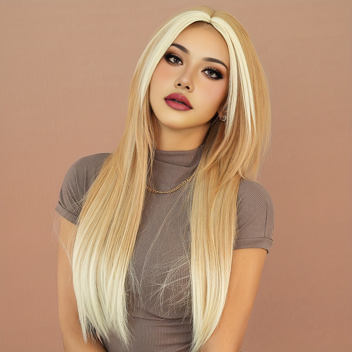 Blonde Ombre Beige Wig for Women - High Density Synthetic, Middle Part with Curtain Bangs, Heat Resistant, Perfect for Daily Wear & Halloween Costumes, 25.59"