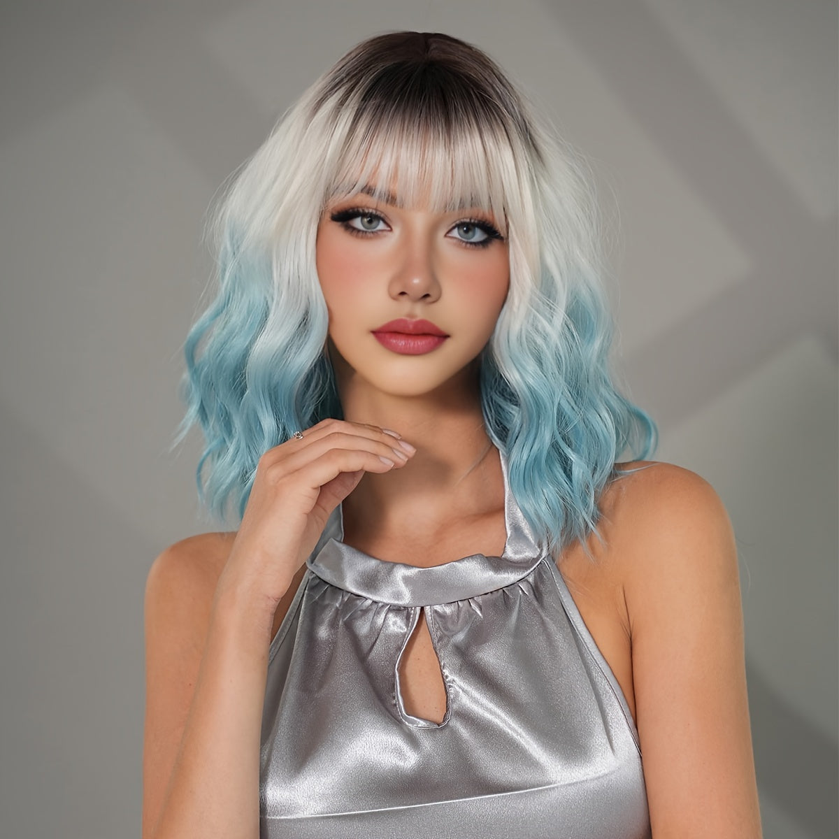 Vibrant Ombre Blue & White Shoulder-Length Wavy Wig with Bangs - High-Density Heat Resistant Synthetic Hair, Natural Looking Dark Roots, Perfect for Daily Wear, Halloween Parties, and Cosplay Events